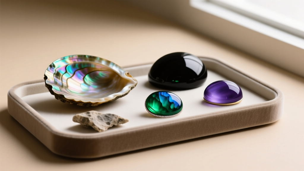 Raw New Zealand Paua shell and polished blacklip abalone cabochons on a jeweler's workbench illuminated by bright natural daylight
