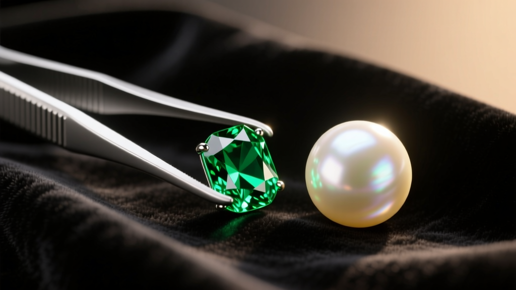 Tweezers holding a vivid green emerald beside a glowing white South Sea pearl on dark velvet under warm studio lighting.