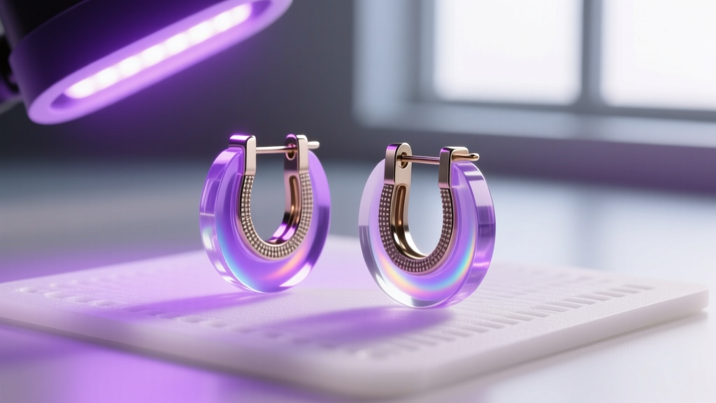 Macro shot of 20-gauge titanium flat pad earring posts with UV resin curing under a purple LED lamp on a silicone craft mat