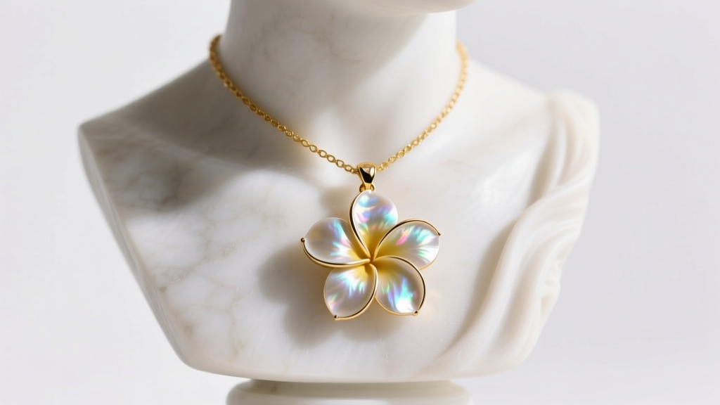 Elegant carved mother-of-pearl plumeria flower pendant necklace on a delicate gold chain, displayed on a white marble jewelry bust