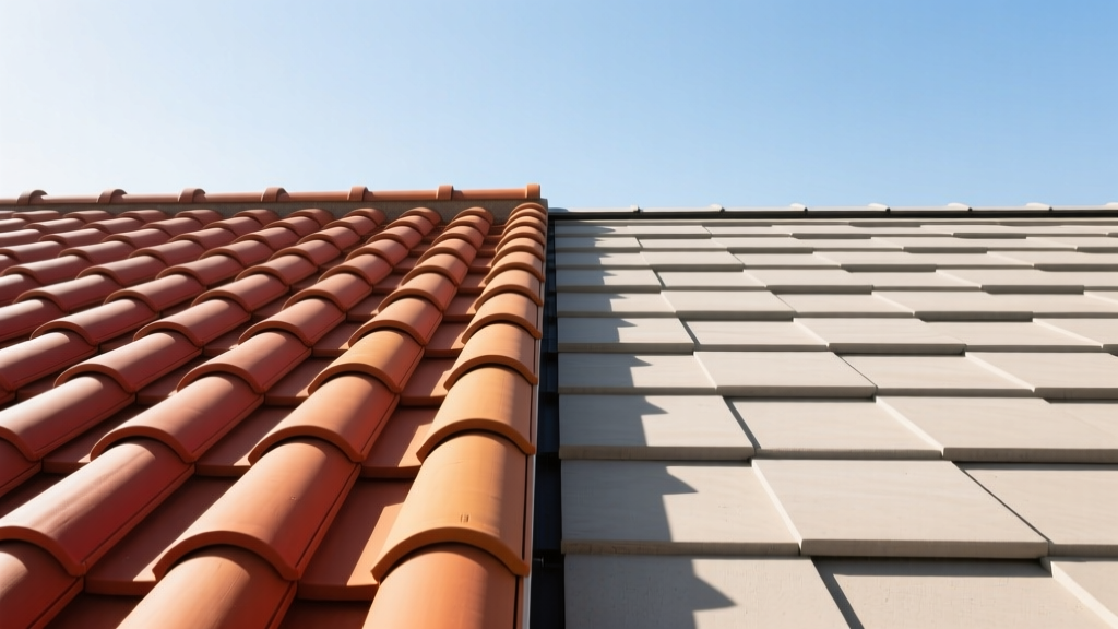 Split roof showing terracotta clay barrel tiles on the left and interlocking flat concrete tiles on the right under bright sunlight