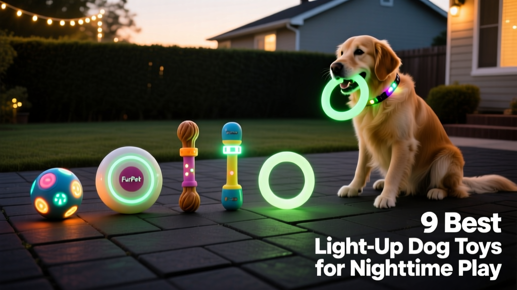 Side-by-side comparison of five FurPetVo light-up toys on a dark patio: ball, disc, stick, collar light, and glow ring