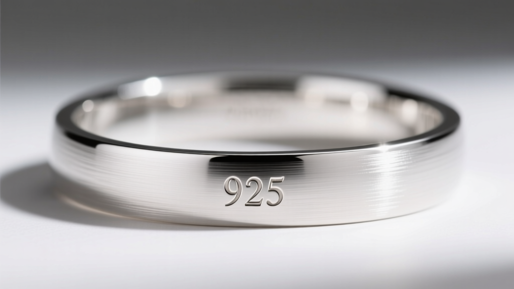 Macro shot of a minimalist silver cuff showing an engraved 925 maker