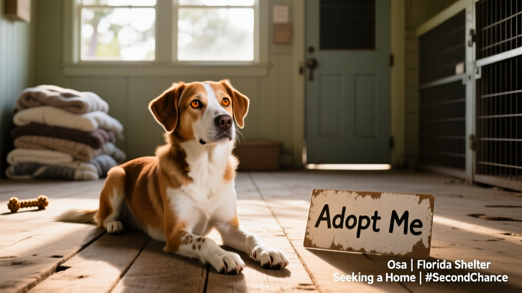 Osa, a gentle brown-and-white mixed-breed dog, sitting calmly on a shelter floor with soft lighting