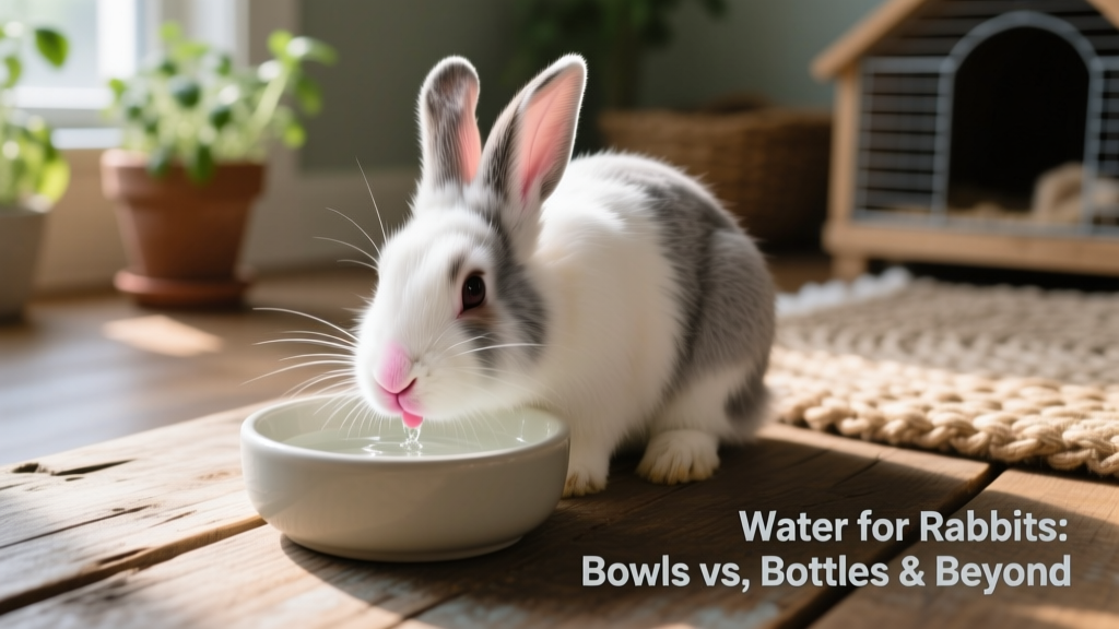 Close-up of a rabbit gently sipping water from a shallow, non-tip bowl