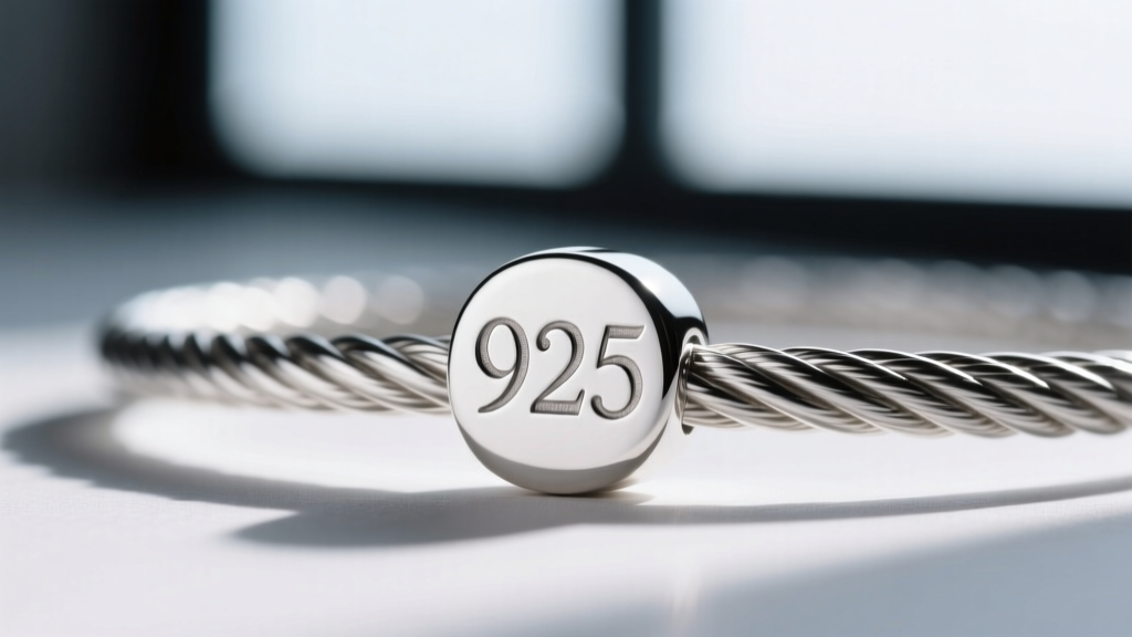 Macro close-up of luxury jewelry hallmark stamped on twisted silver cable, showing crisp font and 925 sterling silver mark.