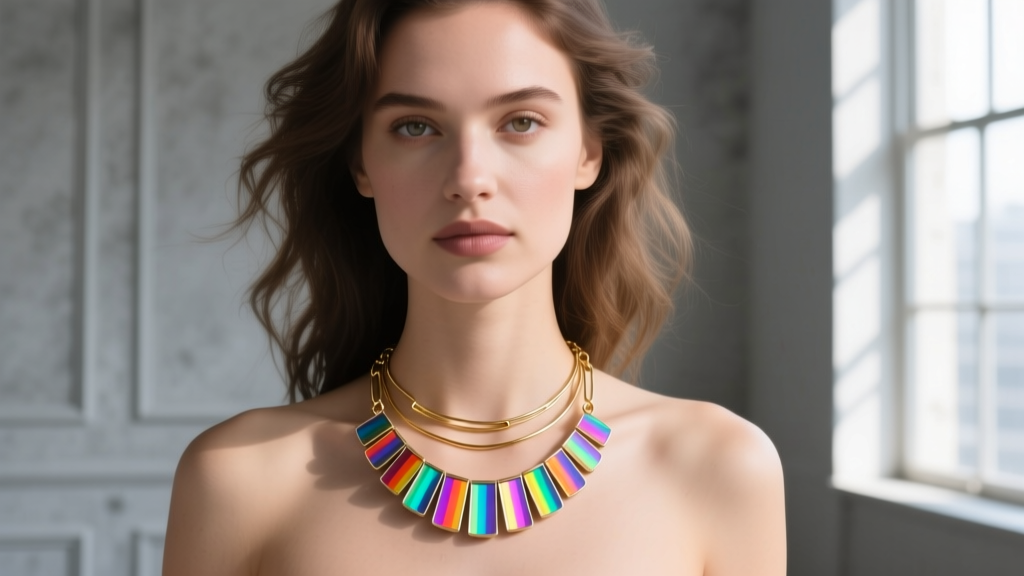 Woman wearing a layered stack featuring a delicate 16-inch rainbow baguette necklace paired with a simple gold paperclip chain