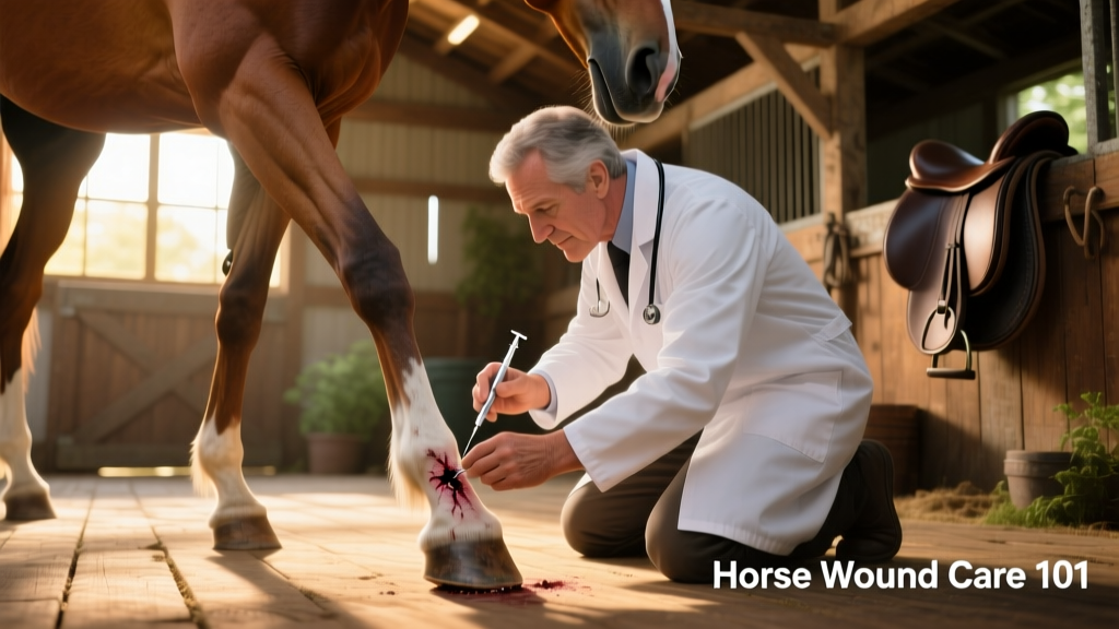 Veterinarian gently examining a horse's hoof after a puncture wound
