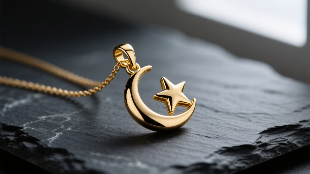 Close-up of a 14k gold crescent and star necklace on dark slate, highlighting the delicate bail and jump ring connection point