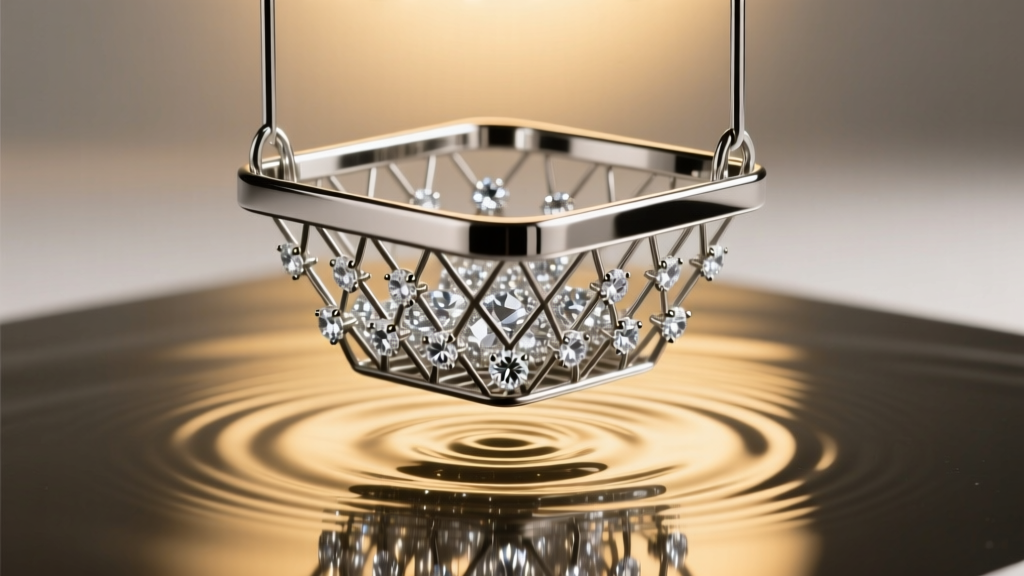 Stainless steel basket of an ultrasonic cleaner holding diamond studs, showing visible water ripples and warm overhead lighting