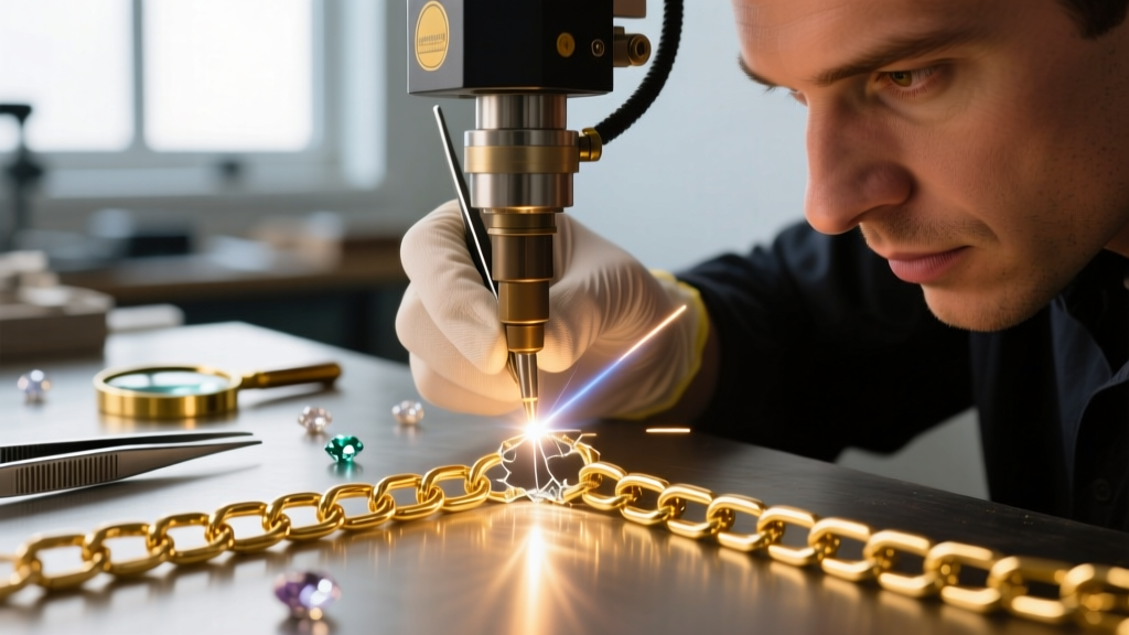 Macro view of a laser welder repairing a broken 14k gold chain link, highlighting the focal point on a jeweler