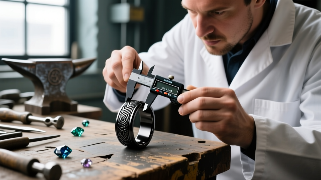 Jeweler using digital calipers to measure the thick shank of a heavy custom wrestling ring on a scratched wooden workbench