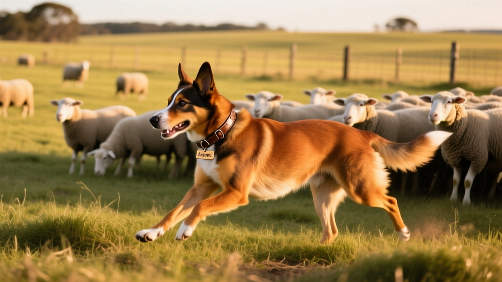 Australian Kelpie actively herding sheep in a sunlit field