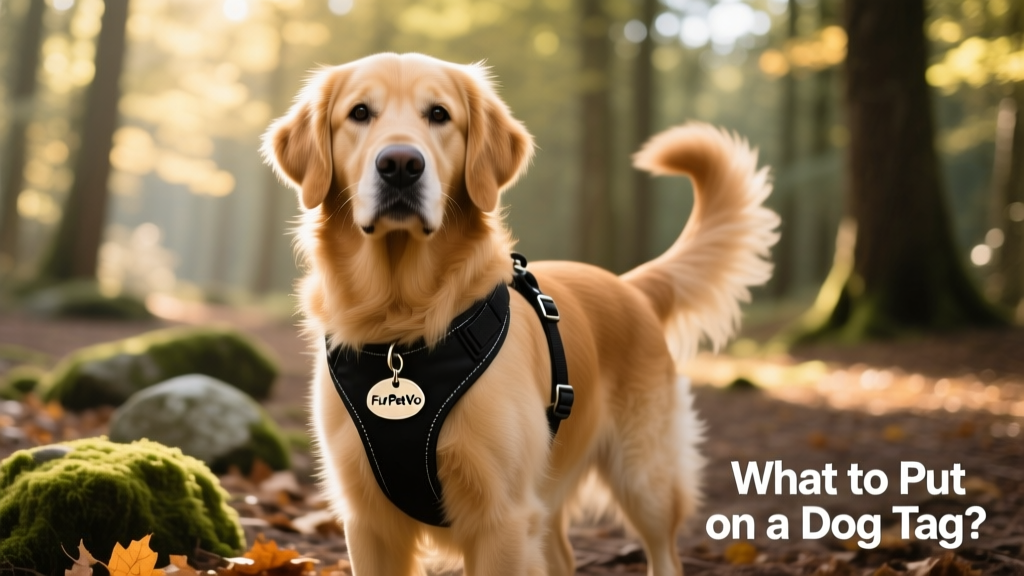 A dog wearing a harness and a FurPetVo ID tag, standing confidently in a forest clearing