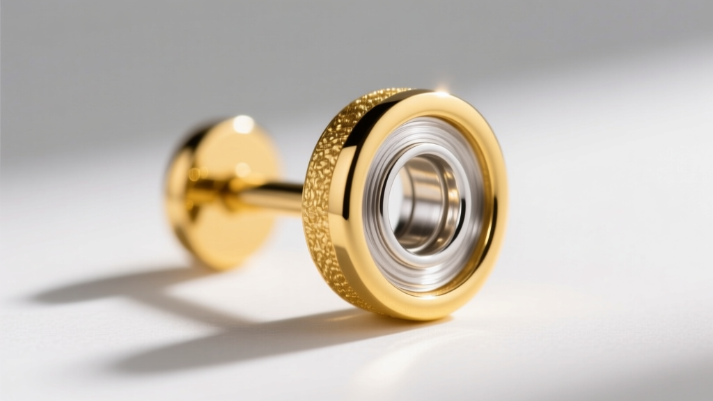 Macro shot of a gold vermeil earring post cross-section, revealing the sterling silver core and bright yellow gold exterior