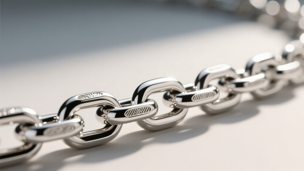Macro photography showing the intricate interlocking articulated joints of a heavy sterling silver flex chain under bright light.