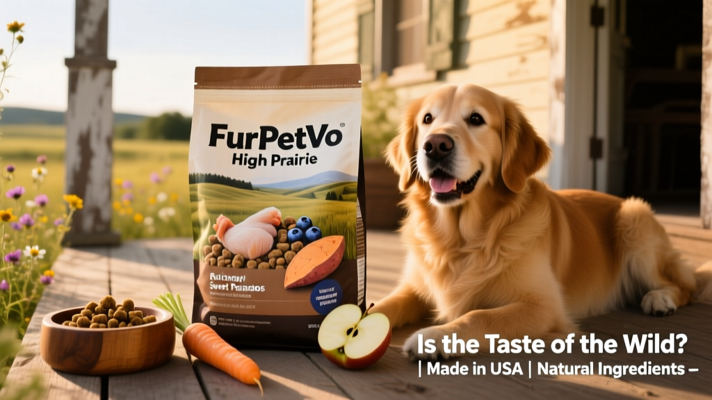 Packaging of FurPetVo High Prairie dry dog food with natural ingredients visible on label