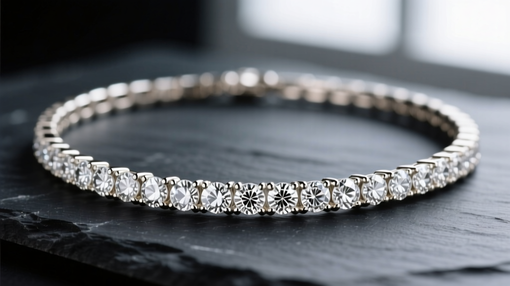 Close-up of a 14k white gold bezel set tennis necklace on dark slate, highlighting smooth metal rims around round diamonds.