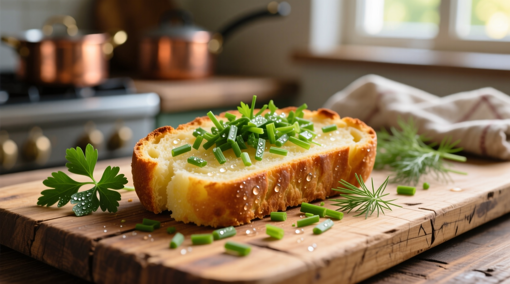 Potato bread slice with fresh herbs on wooden board