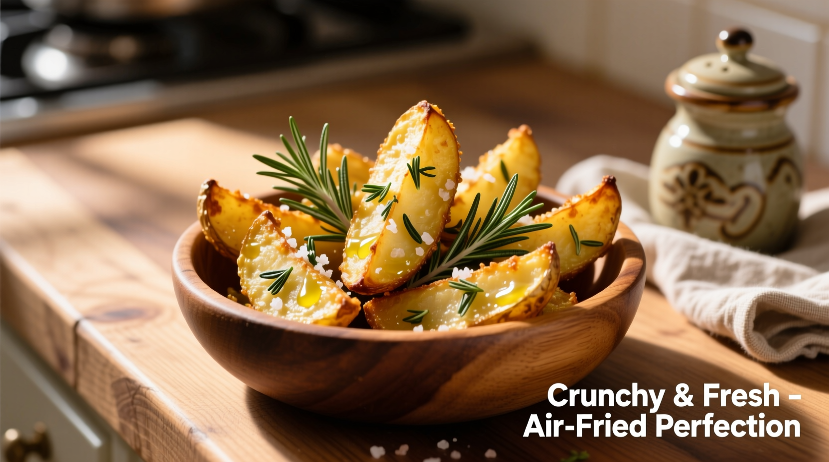 Golden air fried potato wedges with herbs