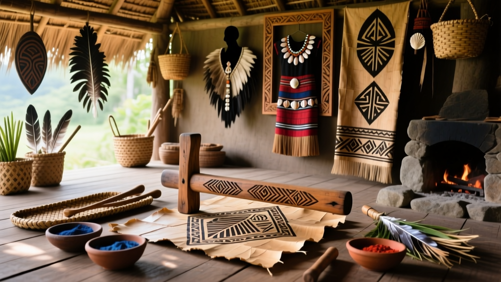Fijian Tapa Beating Tools And Tree Bark Cloth Patterning Methods
