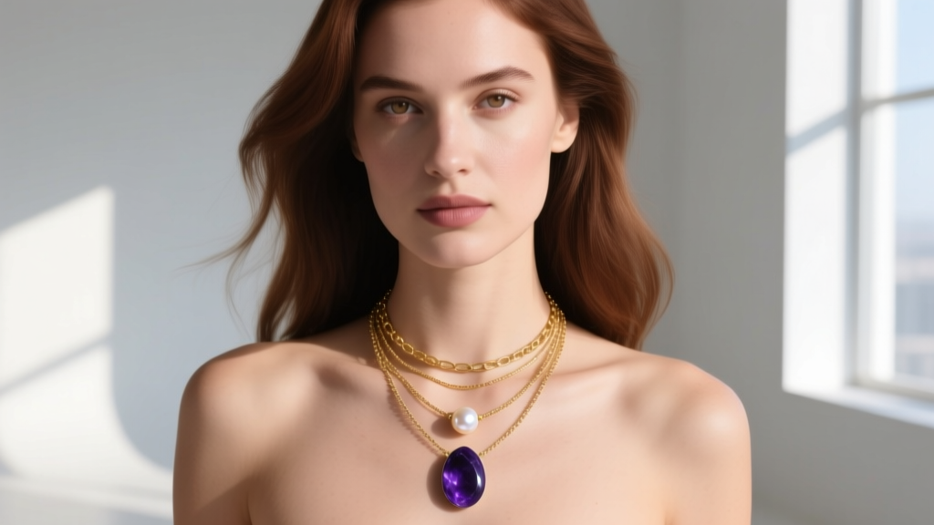 Woman wearing a layered necklace stack with a delicate gold chain, a pearl pendant, and a dark purple mood necklace stone.