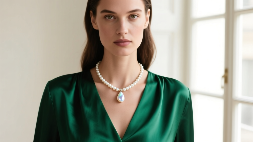 Model wearing a white pearl teardrop necklace on an emerald silk blouse, soft lighting highlighting the nacre bright luster.