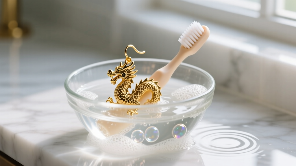 Soft baby toothbrush gently scrubbing intricate gold dragon earring scales submerged in a glass bowl of soapy water.