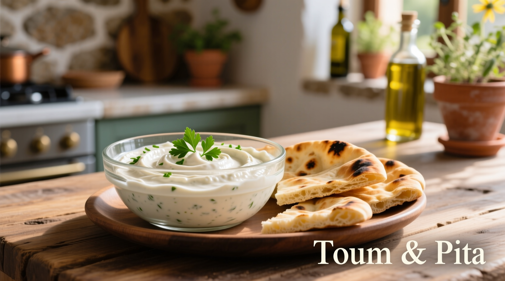 Creamy white toum garlic dip in glass bowl with pita bread