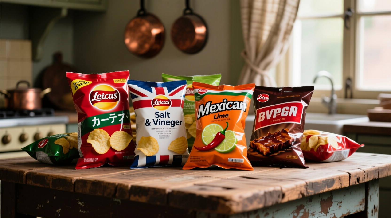 Assortment of international potato chip flavors on wooden table