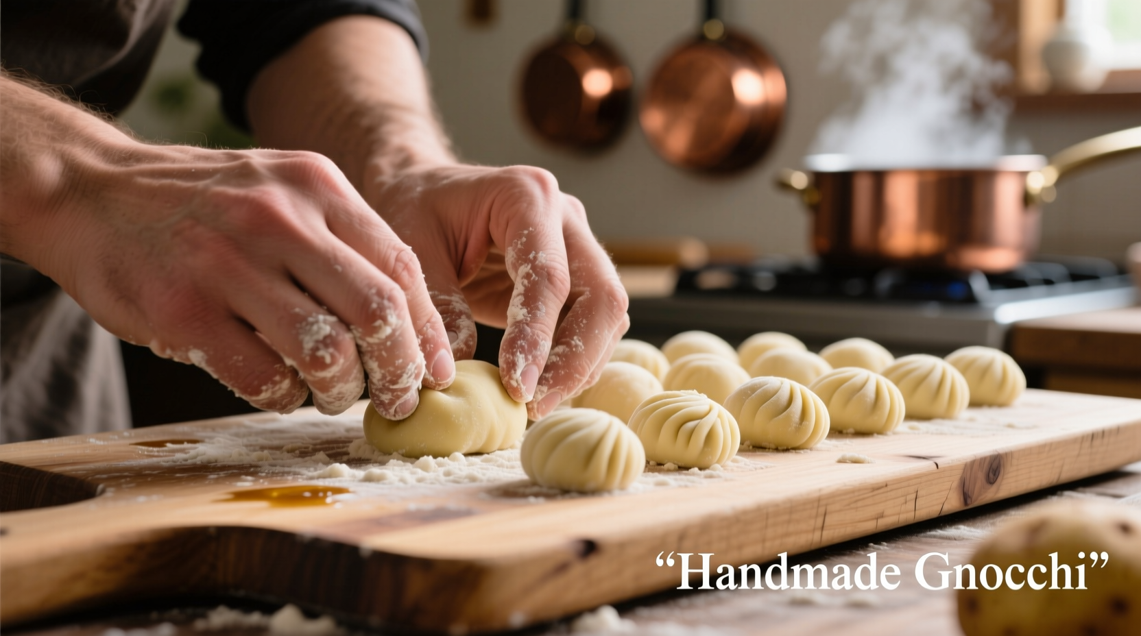 Hand shaping potato gnocchi on wooden board