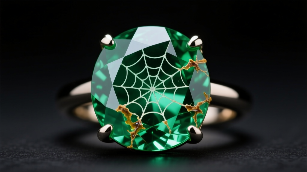 Macro shot of a green emerald ring showing visible surface fractures and dried-out oil residue under bright, crisp studio lighting.
