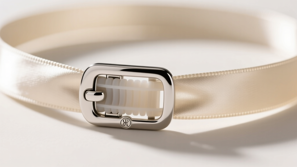Macro shot of a silver slide clasp on a silk ribbon choker, revealing the internal silicone grip lining and a hallmarked stamp.