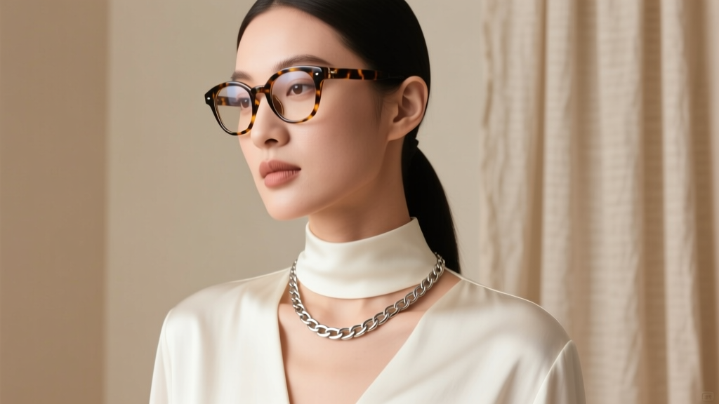Elegant woman wearing tortoiseshell glasses and a minimalist 18-inch titanium box chain necklace resting cleanly on her collarbone.
