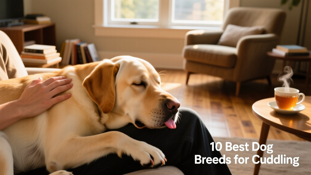 A relaxed Labrador Retriever resting its head on a person's lap, eyes half-closed with contentment