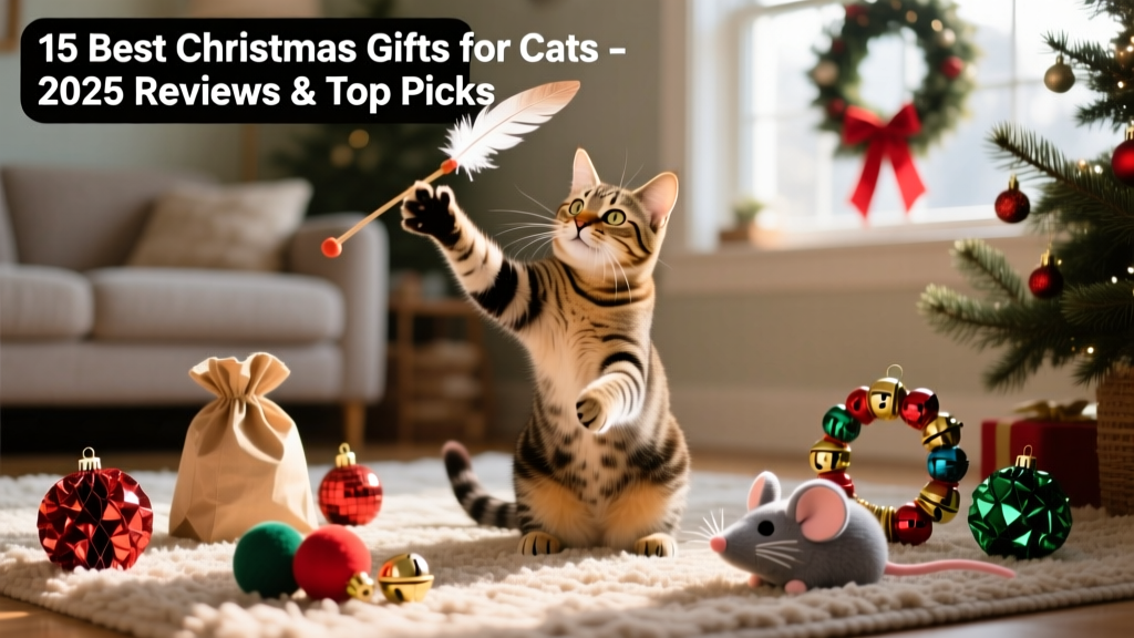 A playful tabby cat batting at a feather wand toy while sitting beside a colorful assortment of safe, festive cat toys on a rug