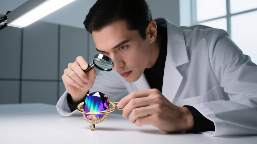 Jeweler using a loupe to inspect the titanium vapor coating on an aurora borealis crystal necklace clasp under bright LED light.