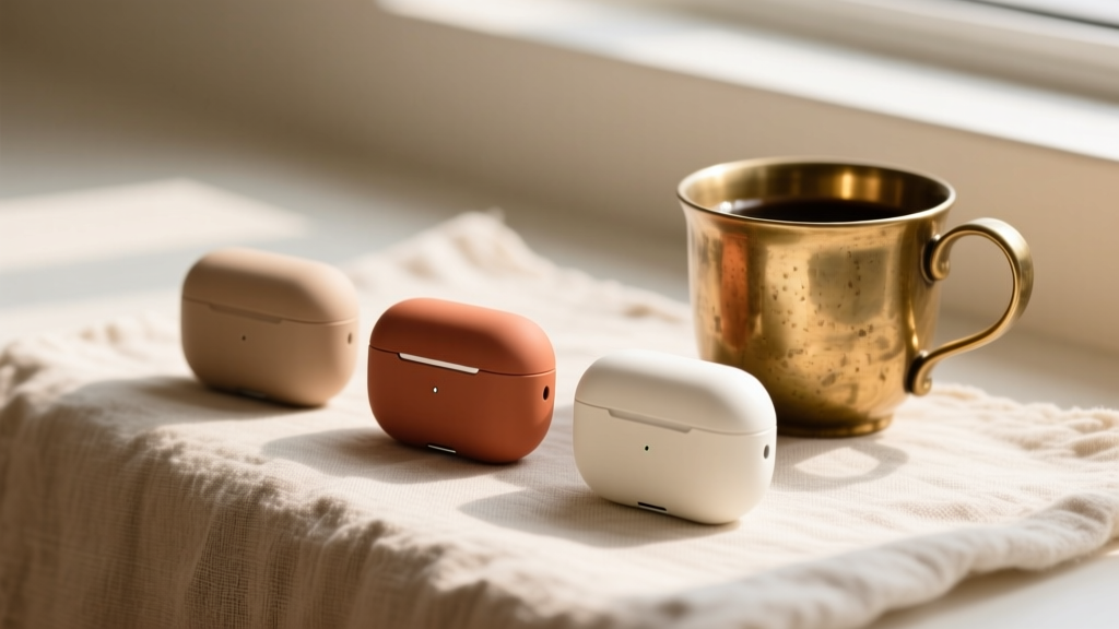 A lineup of three TWS earbud charging cases in matte sand, warm terracotta, and bone white resting on a linen cloth next to a brass coffee cup.