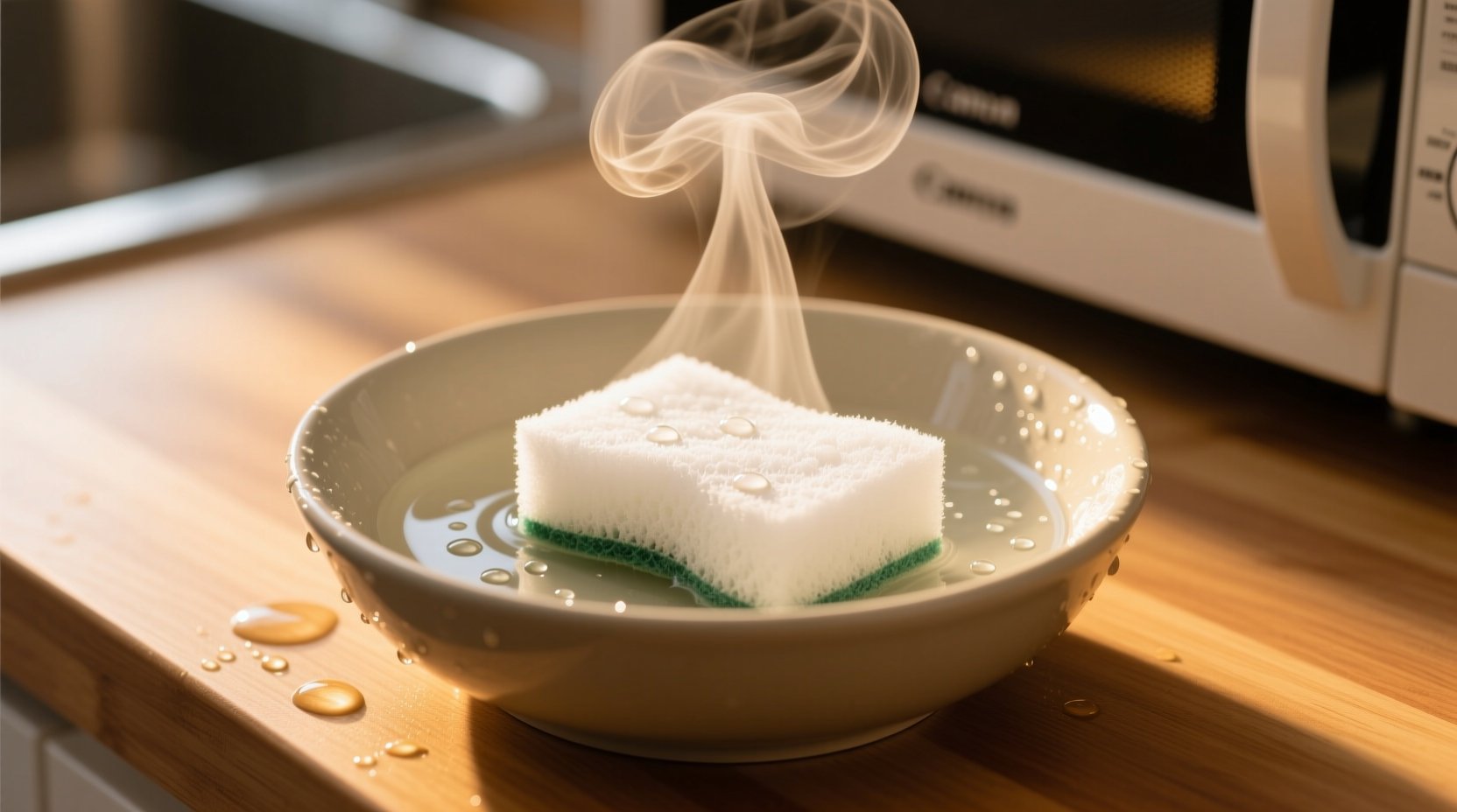 heat a wet sponge or rag in the microwave to make clean