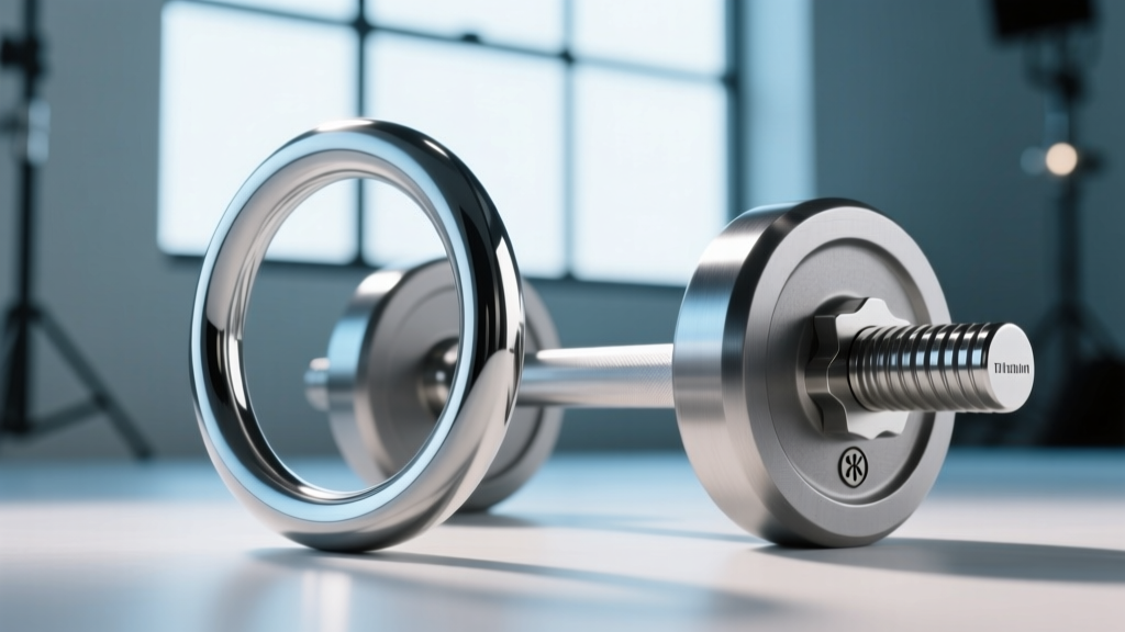 Side profile of a titanium curved barbell next to a steel barbell, showing the mirror-polish finish and a laser-etched hallmark