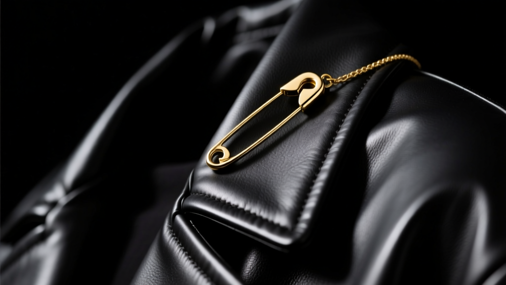 Solid gold safety pin pendant resting on a black leather jacket collar, moody studio lighting highlighting the polished metal grain.