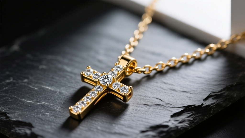 Close-up of a 14k gold diamond cross necklace on dark slate, highlighting the box chain and clasp under soft light.