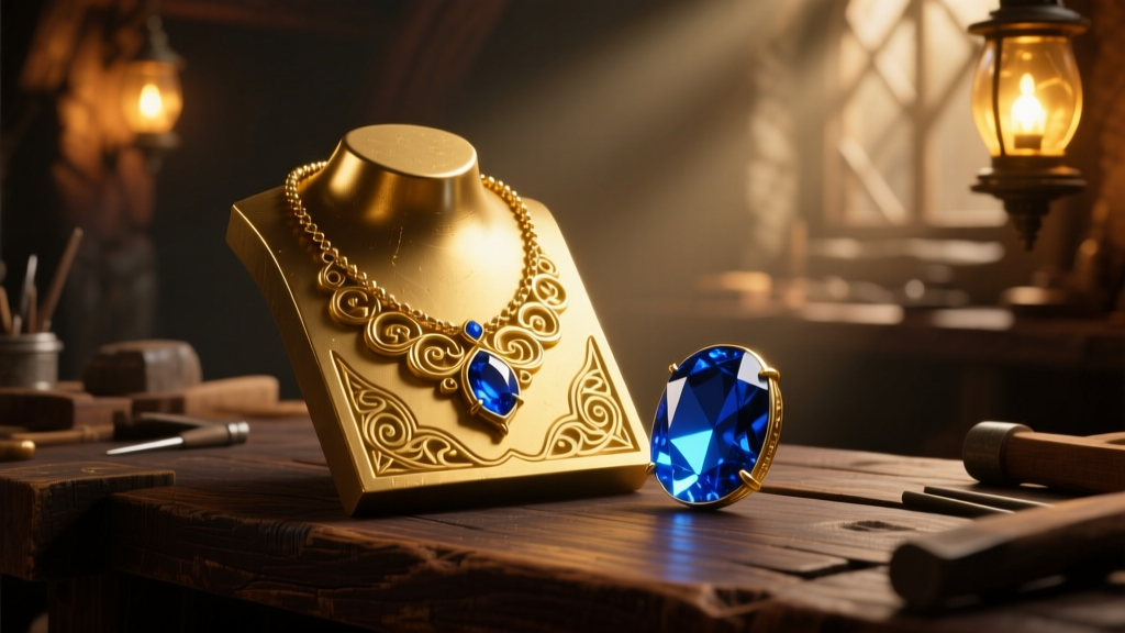 3D render of a gold necklace mould beside a sapphire amulet on a dark wood workbench, lit by warm fantasy tavern lighting