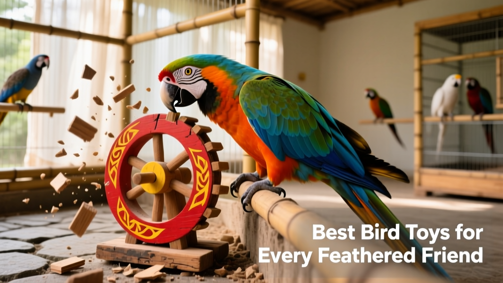 A vibrant macaw interacting with a colorful, destructible wooden toy inside a spacious cage