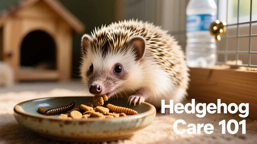 Close-up of a hedgehog eating from a shallow ceramic dish containing kibble and a few mealworms