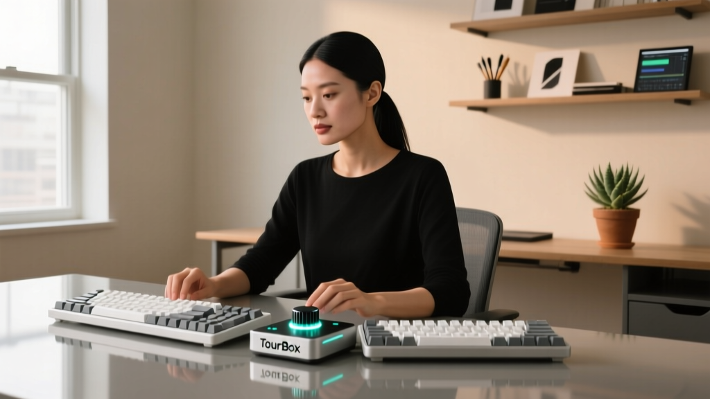 A creative professional using a customized TourBox macro dial alongside a split ergonomic mechanical keyboard for video editing