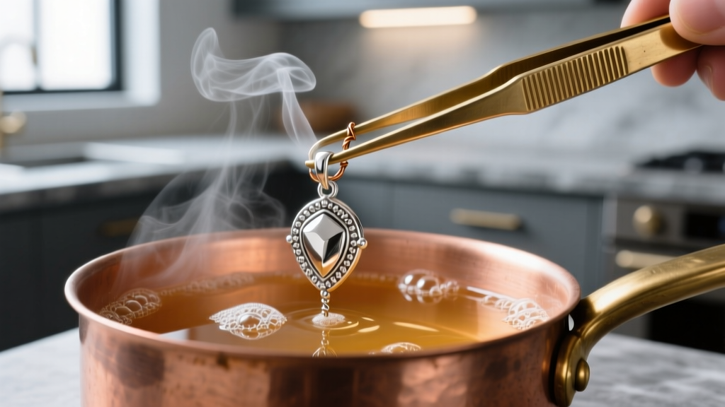 Brass tweezers lifting a soldered silver pendant from a steaming copper pot filled with warm sodium bisulfate pickle solution.