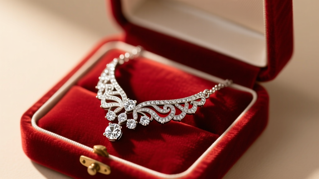 Vintage diamond pendant necklace resting on open velvet jewelry box, illuminated by warm directional light to highlight facets