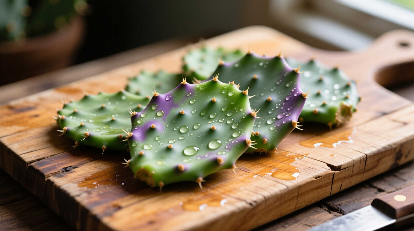 Fresh nopales cactus pads on wooden cutting board