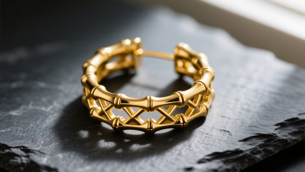 Macro shot of a segmented bamboo-style hoop earring in polished 14k yellow gold, resting on dark slate with soft, moody shadows